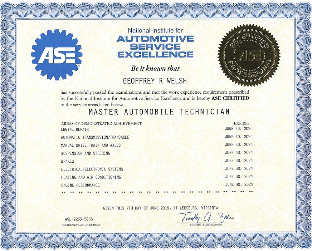 ASE Certificates for Geoff Welsh